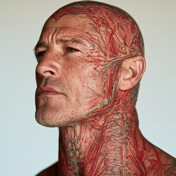 Close-up portrait of a mature man with an intricate detailed anatomy tattoo in red flowing across his scalp, face and neck, highlighting medical anatomical details.