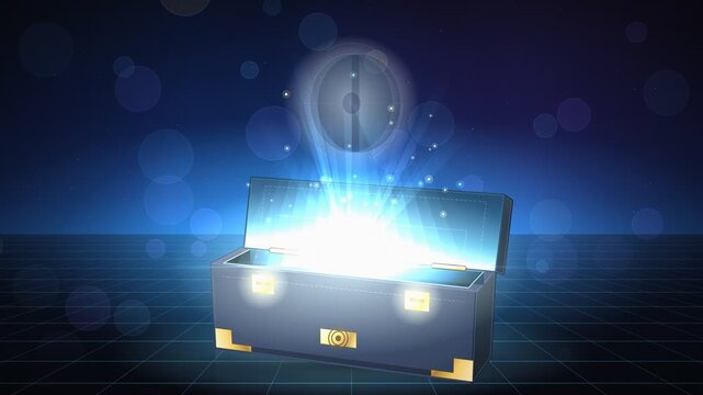 Futuristic briefcase opening to reveal glowing target and arrow hitting bullseye