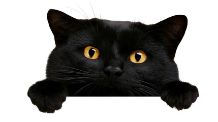 Isolated curious black cat with stunning golden eyes peeking over a blank area, mischievous pet. © Saoirse