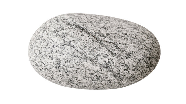 Isolated smooth grey granite pebble stone, a natural rock with speckled texture on a surface.