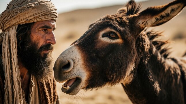Biblical prophet Balaam looks at talking donkey in desert. Man with beard, turban talks to animal in ancient middle east setting. Spiritual miracle encounter between human, donkey under bright sun in
