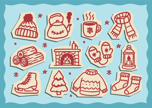 Christmas scrapbook sticker set with holiday elements and hand drawn outline illustrations
