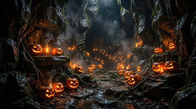 Halloween cave filled with glowing jack-o'-lanterns and eerie mist