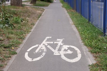 Obraz premium Bicycle lane with white sign painted on asphalt in city