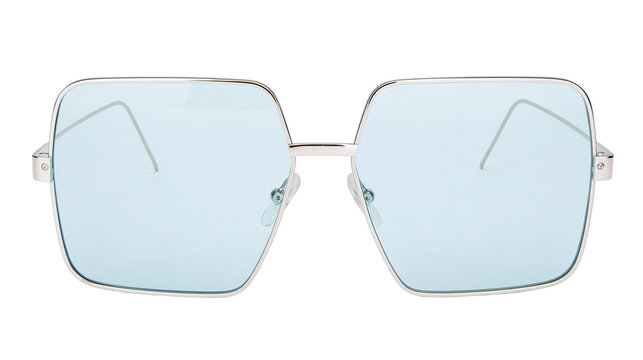 Isolated modern square sunglasses with light blue lenses and thin silver frame, stylish fashion eyewear accessory