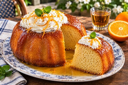 Classic Baba au Rhum Cake soaked in Citrus Syrup garnished with Whipped Cream