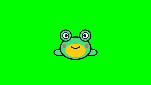 Cute cartoon frog faces blinking on green screen background