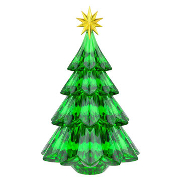 Shiny metallic Christmas tree with star top isolated on transparent background