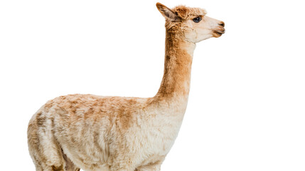 Isolated adorable furry alpaca standing in side profile, showcasing its soft coat and long neck. © Saoirse
