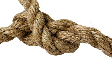 Isolated textured natural fiber rope with a securely tied knot, symbolizing strength and reliability © Saoirse