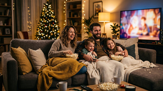 A cozy family sitting under blankets on a couch, eating popcorn and watching TV in a decorated Christmas living room.