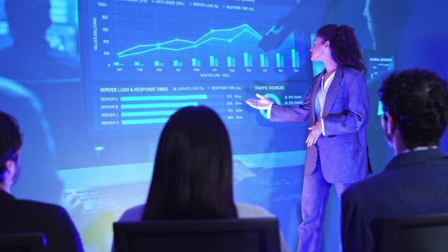 Businesswoman presents artificial intelligence technology, computer systems, and server performance analytics to a diverse team during a modern business meeting.