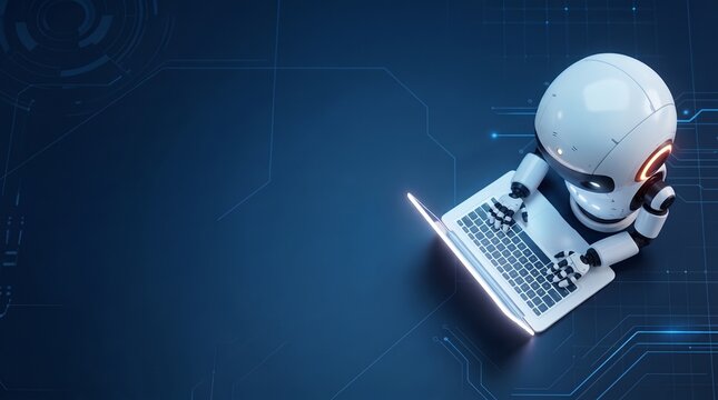 Cute white artificial intelligence robot using a laptop on a futuristic blue digital background.