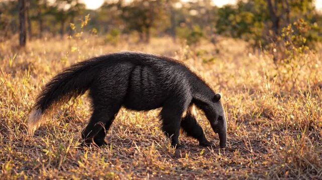 Giant Anteater Foraging in Savannah: A solitary giant anteater, with its distinctive bushy tail and elongated snout, forages for food in the dry grasses of a sun-drenched savannah.