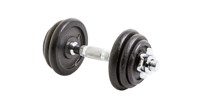Isolated adjustable dumbbell with black weight plates, chrome handle for fitness exercise and strength training