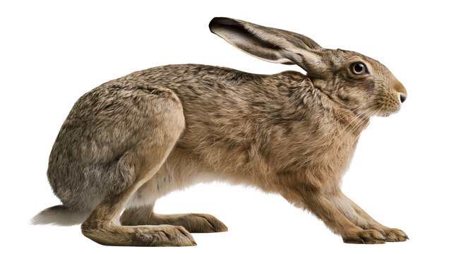 Isolated wild brown hare standing in profile on a clean bright background, long ears prominent