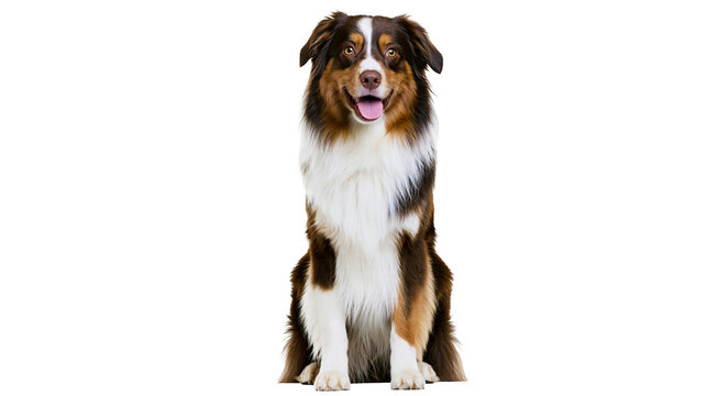 Isolated Australian Shepherd dog sitting patiently, alert and friendly, showing a happy expression