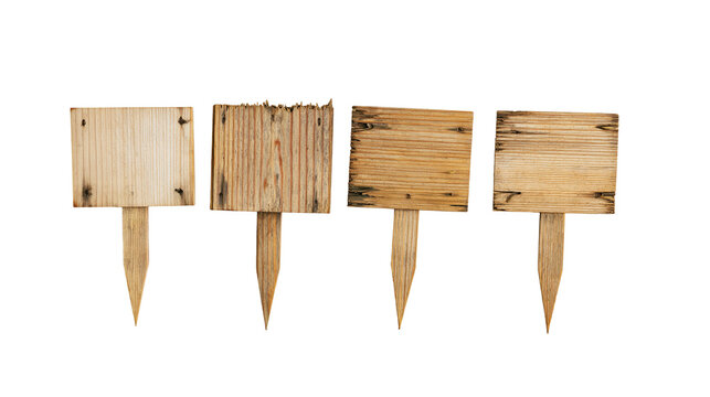 Isolated collection of four rustic wooden garden signs or plant markers, natural texture.