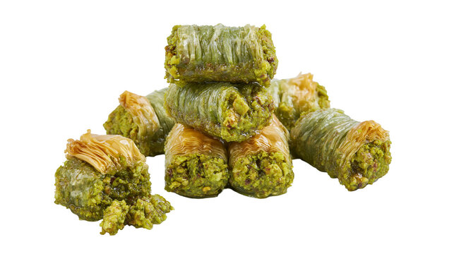 Isolated traditional Middle Eastern Turkish pistachio baklava sweet dessert pastries