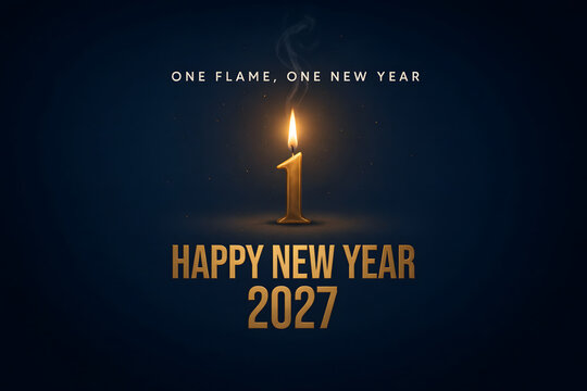 A single golden candle shaped like the number one burning with a flame against a dark blue background, for happy new, year 2027 celebration