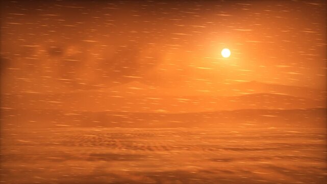 Severe dust storm blowing across the Martian desert landscape with glowing sun in 4k