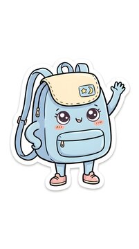 Cute blue backpack character with a cheerful face, waving one hand and standing in a playful cartoon style, isolated on a white background.