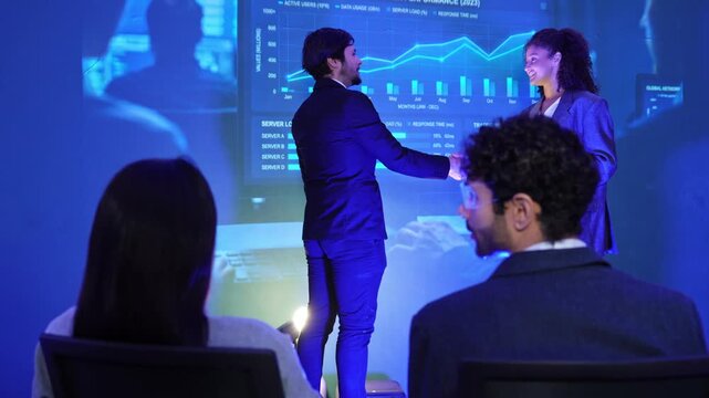 Business professionals attend a presentation featuring artificial intelligence, computer analytics, digital charts, and innovative technology solutions in a modern corporate setting.