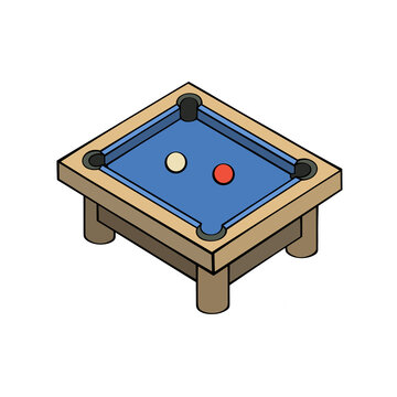 Isometric billiards table illustration with blue felt surface, colorful balls, wooden frame, pockets, and four sturdy legs for indoor recreation