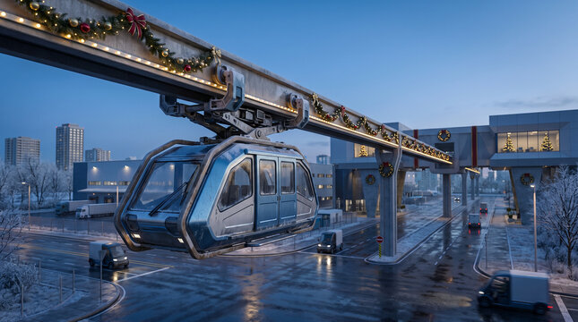 Autonomous Cargo Transport Pod on Elevated Rail in Snowy Christmas City