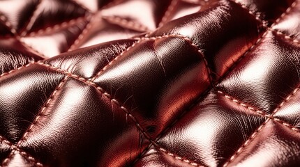 Fototapeta premium Close up of red rose gold leather texture. Quilted metallic fabric with diamond pattern. Shiny luxury material for fashion design, clothing upholstery. Soft padded textile surface shows detailed