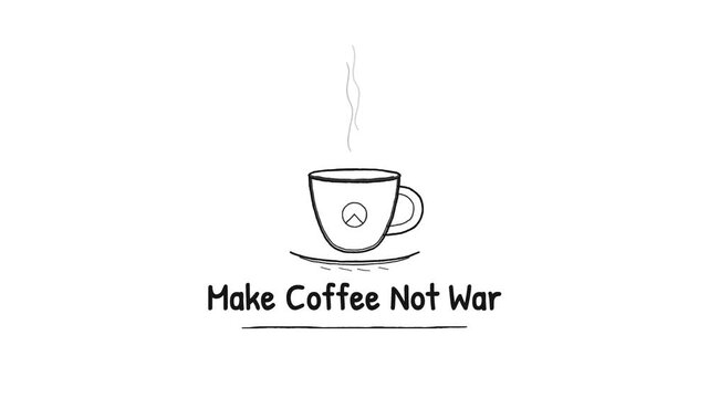 Minimalist line art coffee cup with peace symbol and antiwar slogan