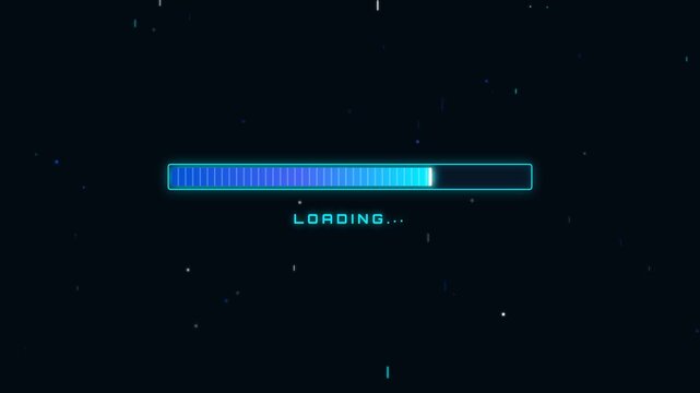 Premium 4K UI animation of a sci-fi holographic portal synchronization loading progress bar with glowing cyan matrix grid, floating digital data fragm.