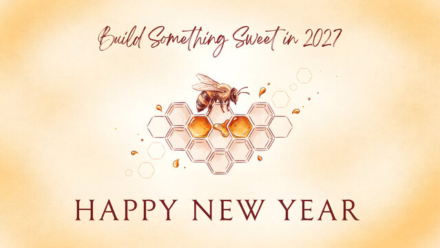 Artistic honeycomb and bee for happy new year 2027 greeting card with build something sweet in 2027 text on cream background