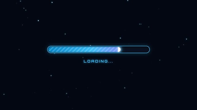 Premium 4K UI animation of a futuristic sci-fi RPG experience point (EXP) loading progress bar with neon grid patterns and floating energy sparks.