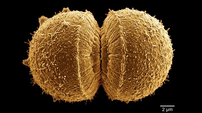 False color gold scanning electron micrograph of a biological cell dividing with rough membrane texture