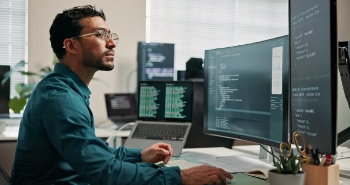 Coding, review or man in office with computer screen, system analysis or debug of website data. Digital, glasses or programmer with tech, code correction or database fix with software troubleshoot.