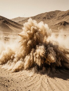 Large explosion of sand, dust in arid desert landscape. Huge beige cloud rises from ground near mountains. Powerful windstorm blast creates massive movement in dry wasteland. Extreme weather event