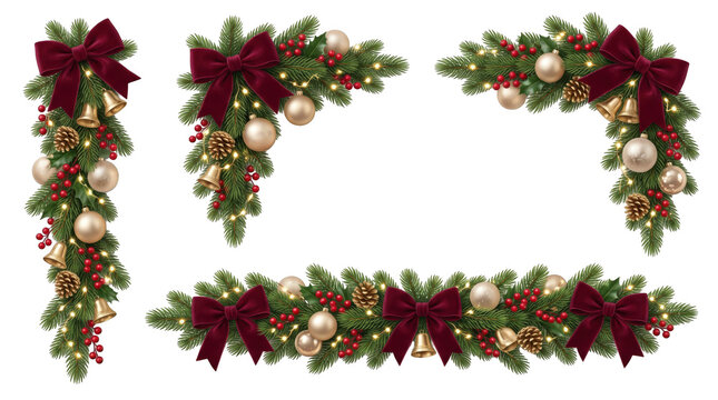 Christmas evergreen garland and corner swags with red velvet bows and golden ornaments isolated on transparent background
