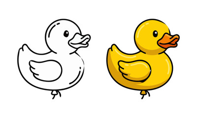 Fototapeta premium Cartoon yellow duck balloon coloring page and colored illustration.