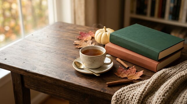 Cozy autumn morning setting with a steaming cup of tea two books and pumpkin on a rustic wooden table by the window relaxation seasonal lifestyle interior