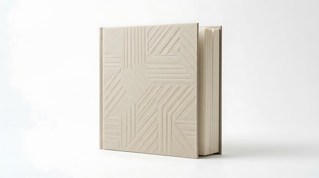 A beige square book with a decorative embossed geometric pattern on the hard cover standing upright. customizable book cover