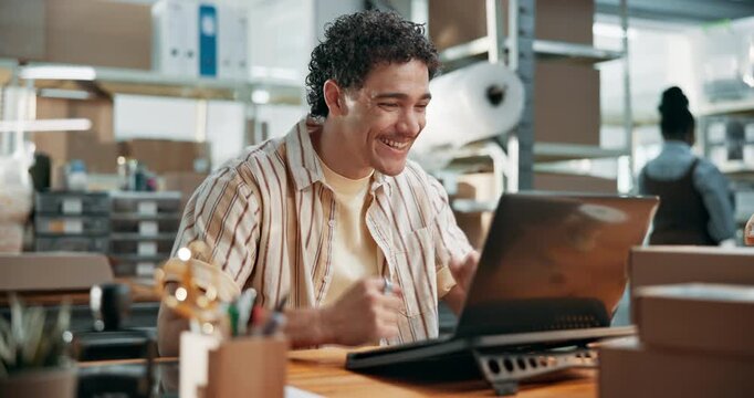 Laptop, happy man and surprise in startup for shipping rate approval, export contract or fist pump. Tech, owner and celebration in supply chain for small business sales, target shock and bulk order