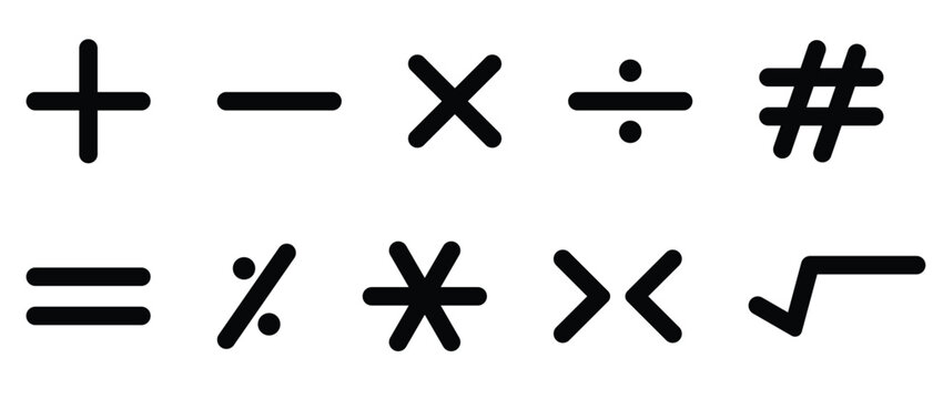 Plus, minus, multiply, divide and equal signs, less than, greater than icon. Set of Math icons, symbols vector design elements. Plus, minus or add and subtract flat icons for apps and websites.