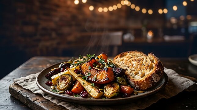 Roasted root vegetables and toasted bread served on a plate with string lights in the background vegetables culinary background delicious wholesome vegetarian