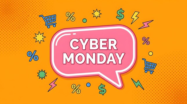 Cyber monday sale banner with shopping carts, percent signs, and dollar symbols on an orange pop art background