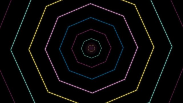 Neon geometric shapes receding into a dark tunnel