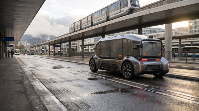 Autonomous Electric Cargo Vehicle on Wet Urban Road with Elevated Train
