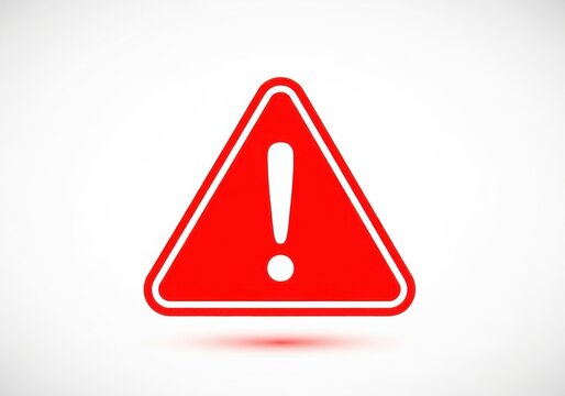 A bold red triangle warning sign featuring a white exclamation mark in the center, isolated on a clean white background, with a soft shadow
