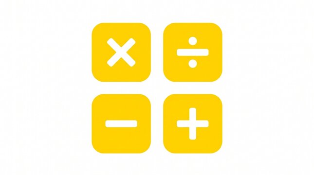 Flat yellow math symbols icon set with plus, minus, multiply, and divide signs isolated on white background. 