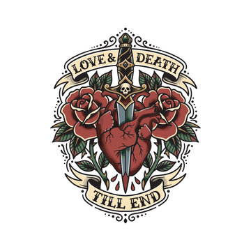 Anatomical heart tattoo pierced by an ornate dagger, surrounded by red roses, leaves, a skull, and vintage banners reading Love & Death and Till End in bold traditional style